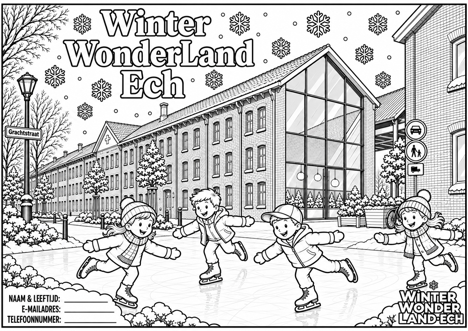 Kleurplaat met schaatsende kinderen aan de Grachtstraat in Echt