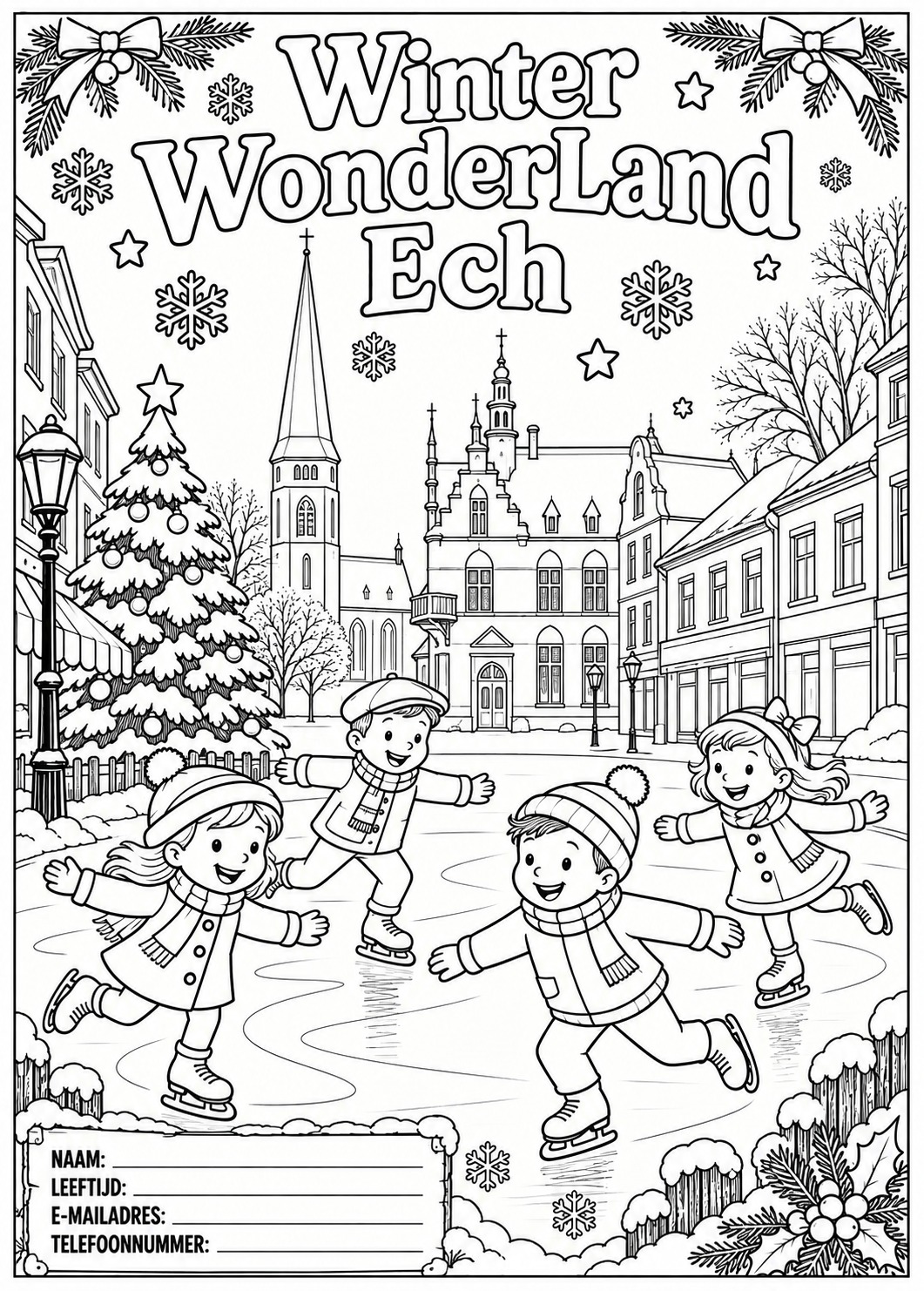 Kleurplaat van winters Echt met een kerstboom en schaatsende kinderen